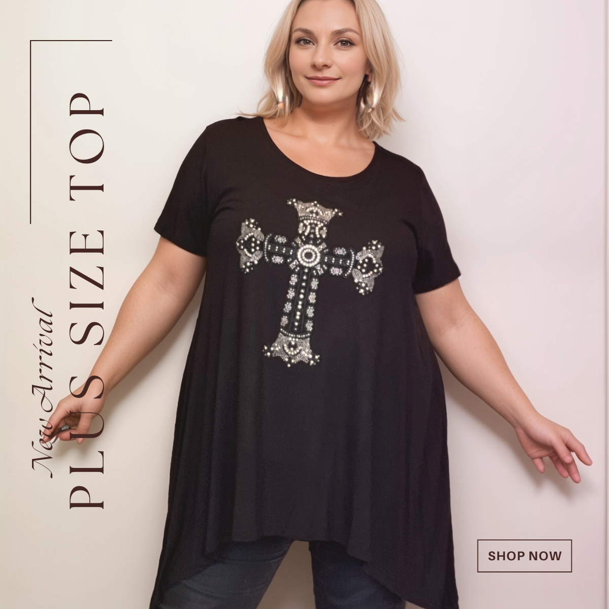 ROCKTHOSECURVES SHORT SLEEVE HANKY HEM STUDDED ORNATE CROSS LONG LENGTH TOP