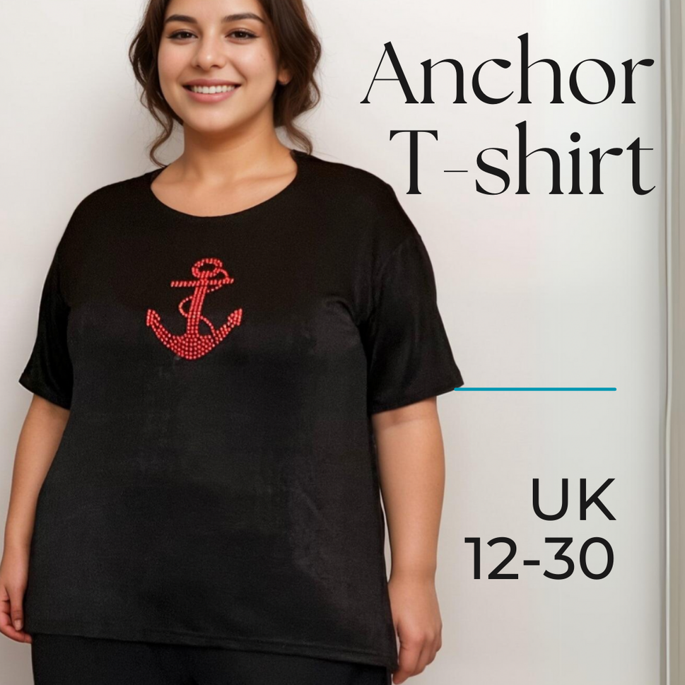 ROCKTHOSECURVES SOFT STRETCHY SHORT SLEEVE ANCHOR STUDDED TOPBLACK / UK 12-14