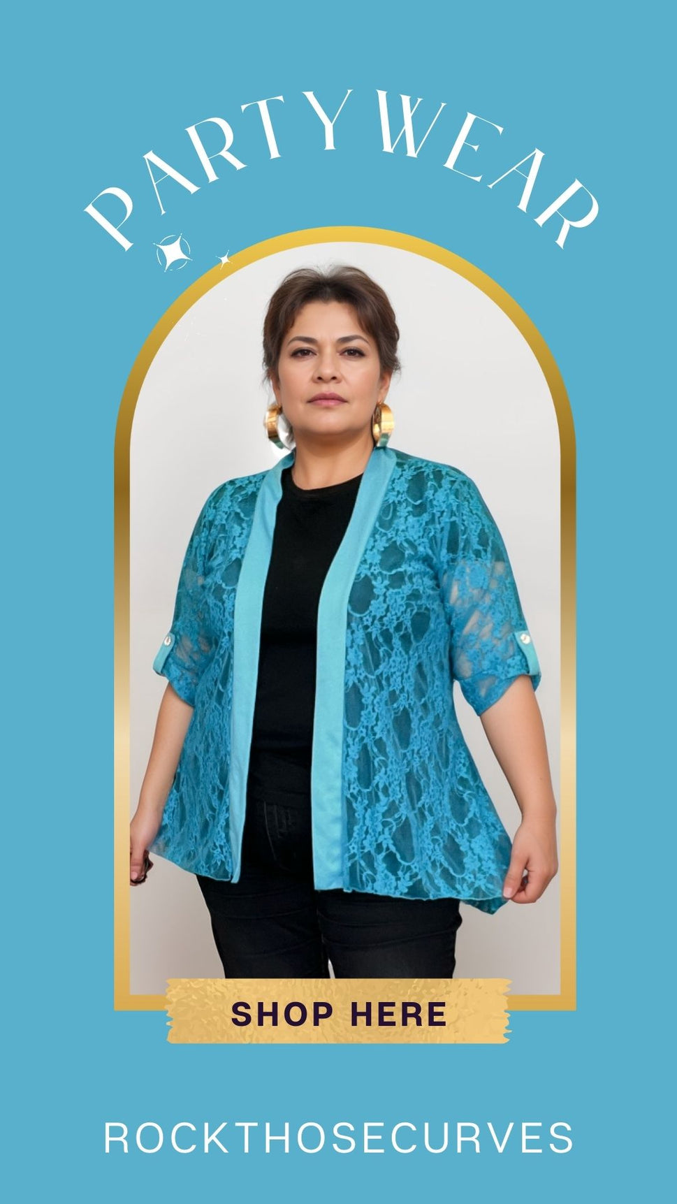 ROCKTHOSECURVES LACE JACKET WITH SATIN PANELS AND BUTTON 1/2 SLEEVESTurquoise / UK 14