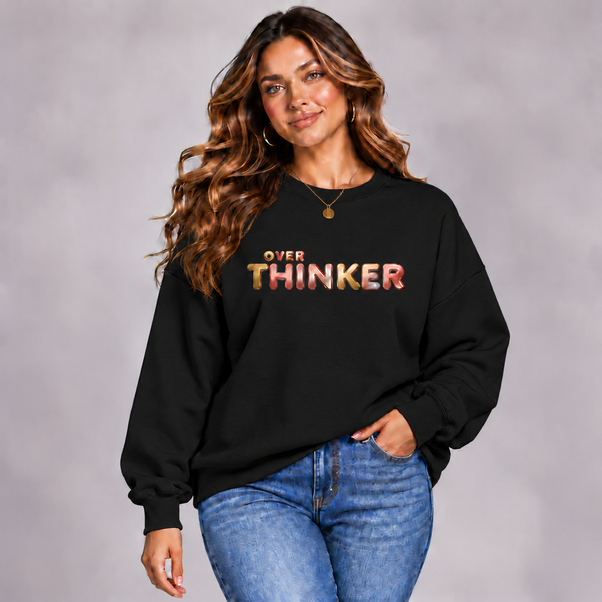 Long Cotton Sweatshirt with “Over Thinker” Logo