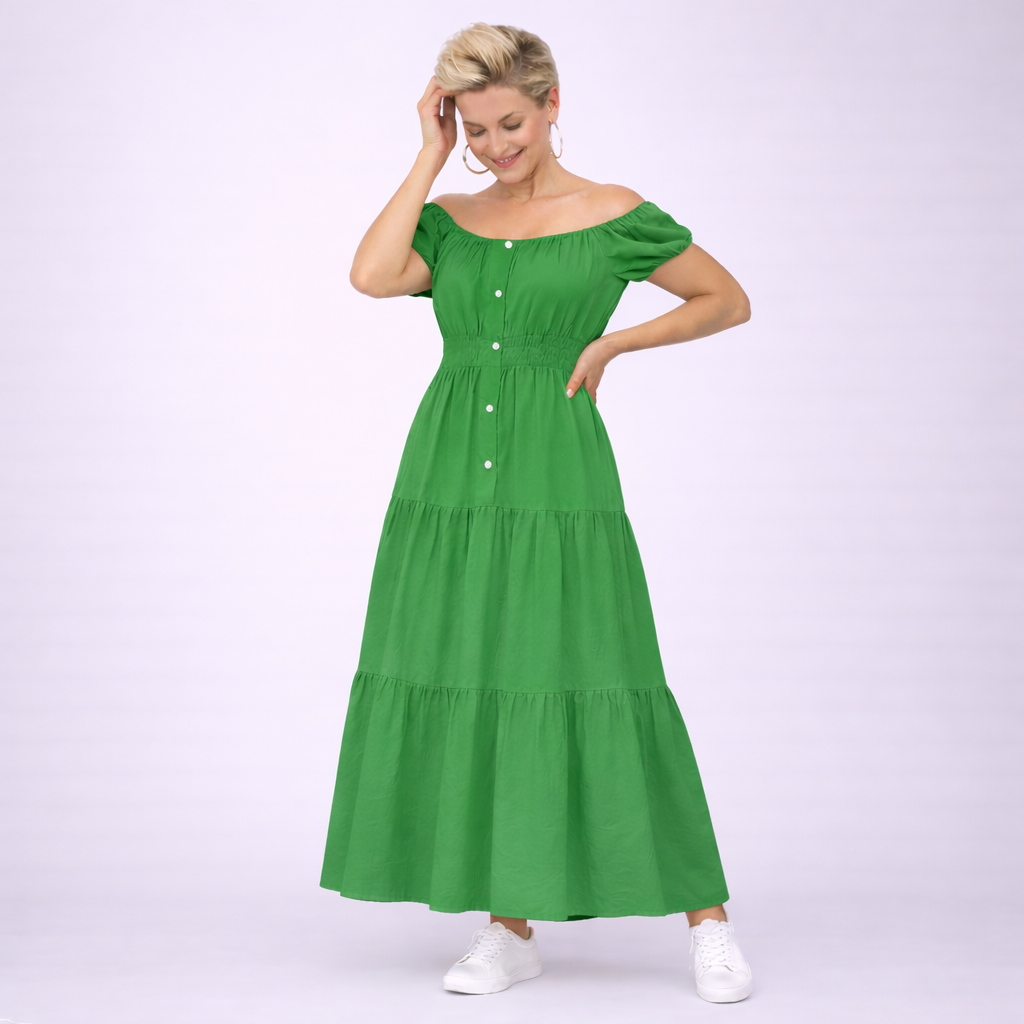 Off Shoulder Elastic Waist Gypsy Style Maxi Dress