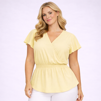 Plain V-Neck Smocked Elastic Waist Peplum Blouse