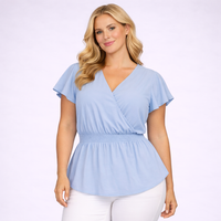 Plain V-Neck Smocked Elastic Waist Peplum Blouse