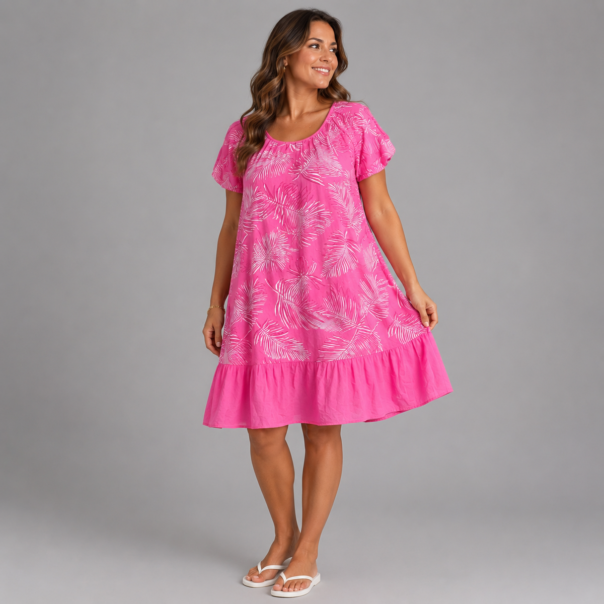 Pleated-Neck Leaf-Print Summer Dress