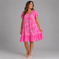 Pleated-Neck Leaf-Print Summer Dress
