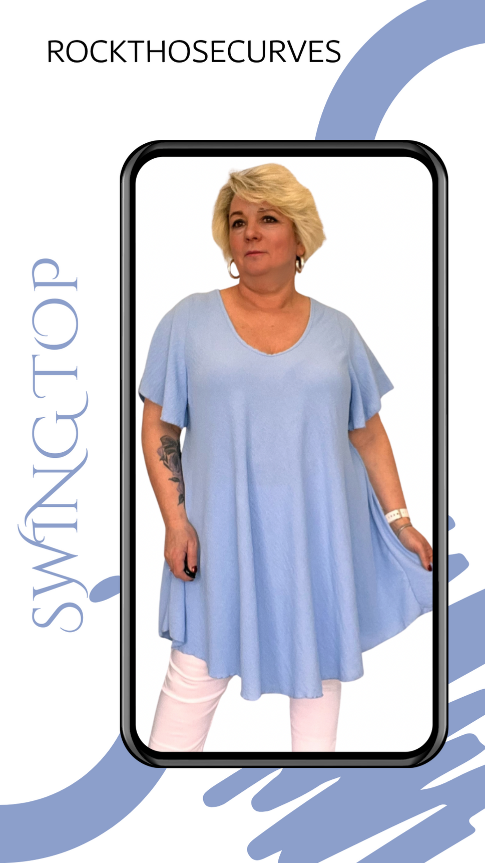 ROCKTHOSECURVES PLAIN V NECK FLUTED SHORT SLEEVE SWING TOPSKY BLUE / UK 16-18