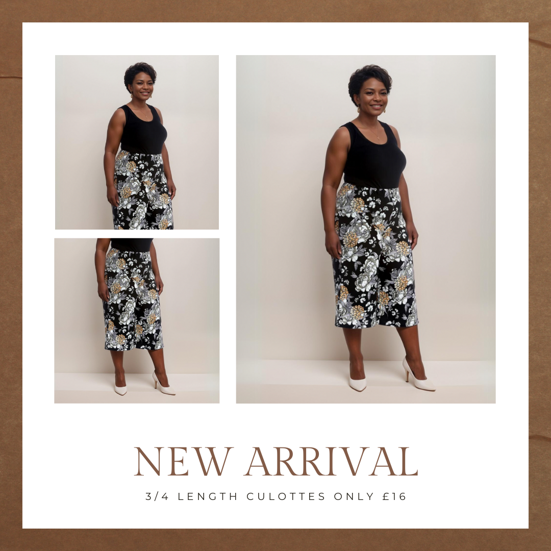 BLACK FLORAL 3/4 LENGTH ELASTIC WAIST CULOTTES