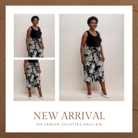 BLACK FLORAL 3/4 LENGTH ELASTIC WAIST CULOTTES
