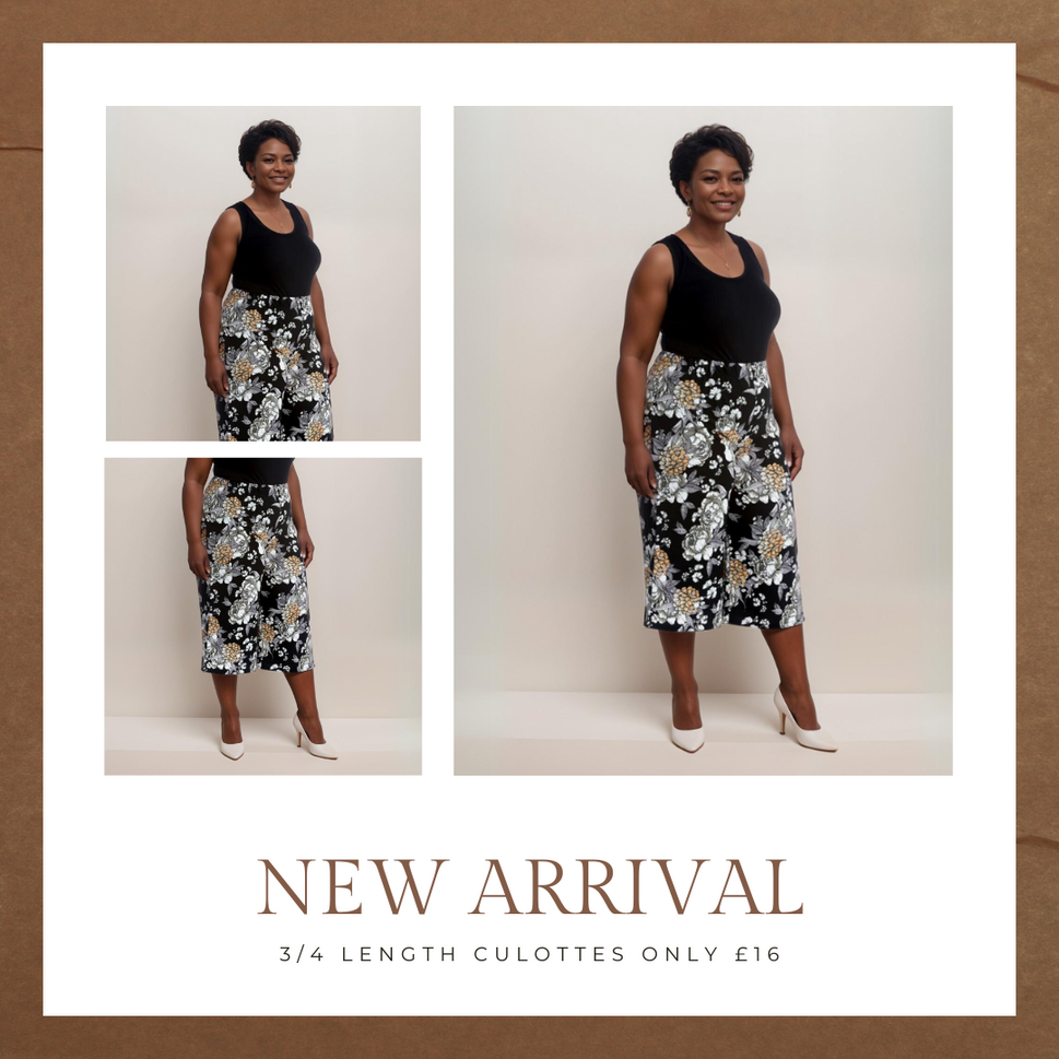 BLACK FLORAL 3/4 LENGTH ELASTIC WAIST CULOTTESBLACK FLORAL / UK 14