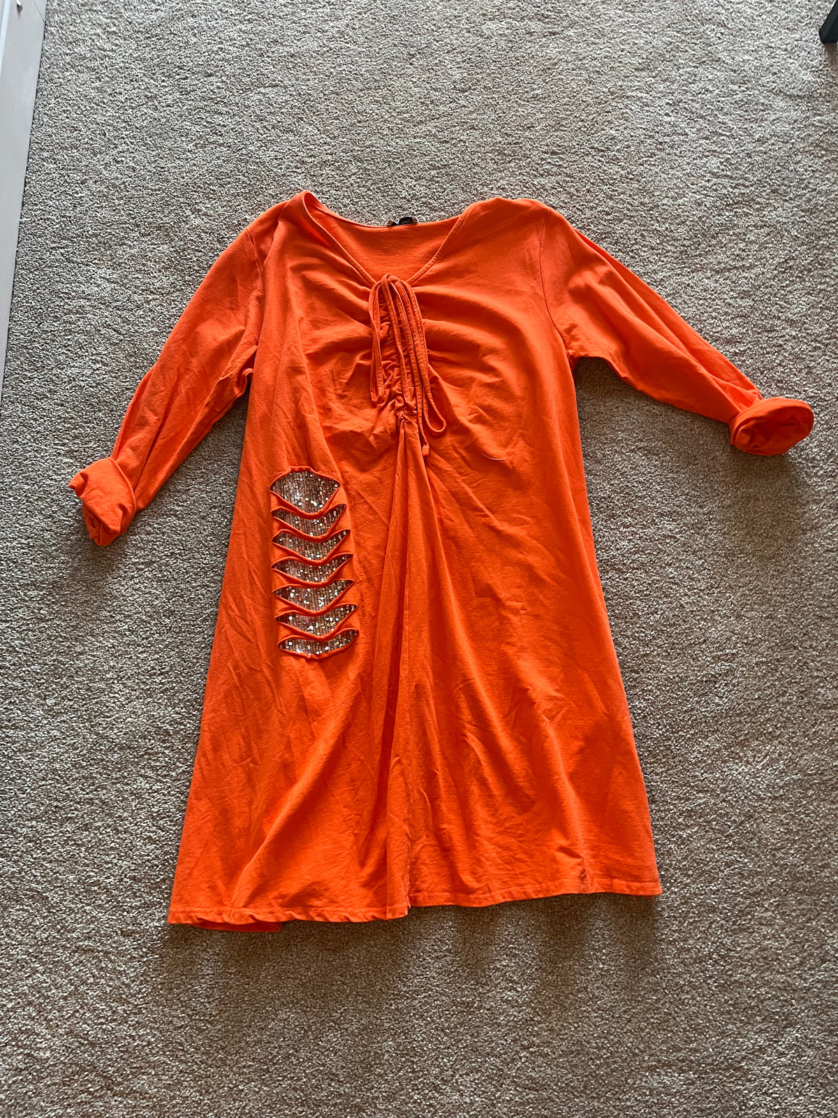knee length dress with ruffle and bow, rip + sequin patch long sleeve