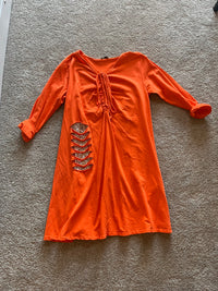 knee length dress with ruffle and bow, rip + sequin patch long sleeve