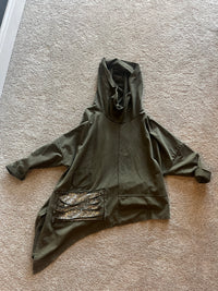 Oversized hoodie/poncho dipped hem (side) sequins + rips