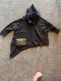 Oversized hoodie/poncho dipped hem (side) sequins + rips