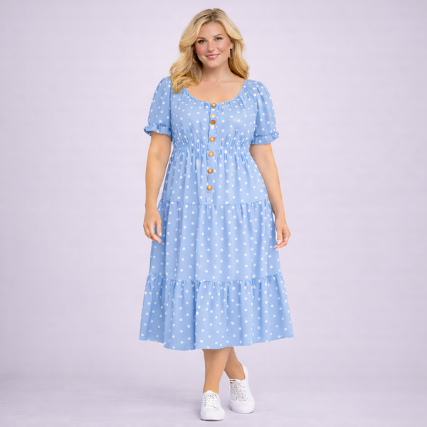 Off Shoulder Polka Dot Elastic Waist Gypsy Style Calf Length Dress