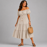 Off Shoulder Polka Dot Elastic Waist Gypsy Style Calf Length Dress