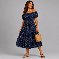 Off Shoulder Polka Dot Elastic Waist Gypsy Style Calf Length Dress