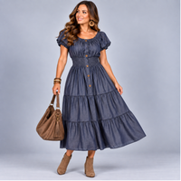 Soft Denim Effect Elastic Waist Gypsy Midi Dress
