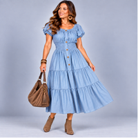 Soft Denim Effect Elastic Waist Gypsy Midi Dress