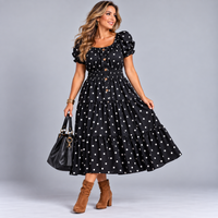 Polka Dot Elastic Waist Gypsy Style Calf Length Dress