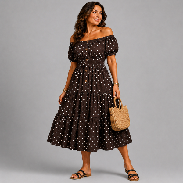 Off Shoulder Polka Dot Elastic Waist Gypsy Style Calf Length Dress