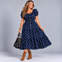 Polka Dot Elastic Waist Gypsy Style Calf Length Dress