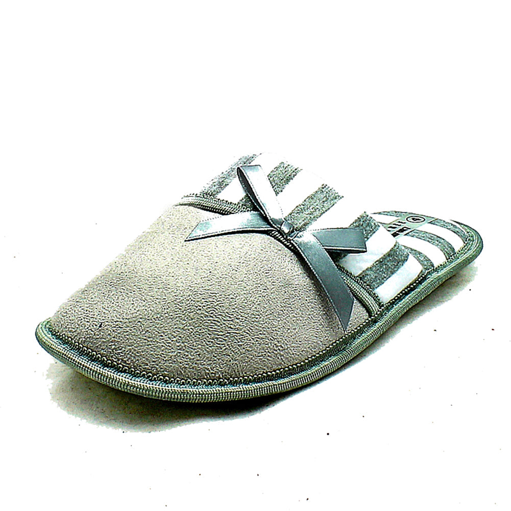 GREY WHITE OPEN BACK SLIPPERS WITH BOW