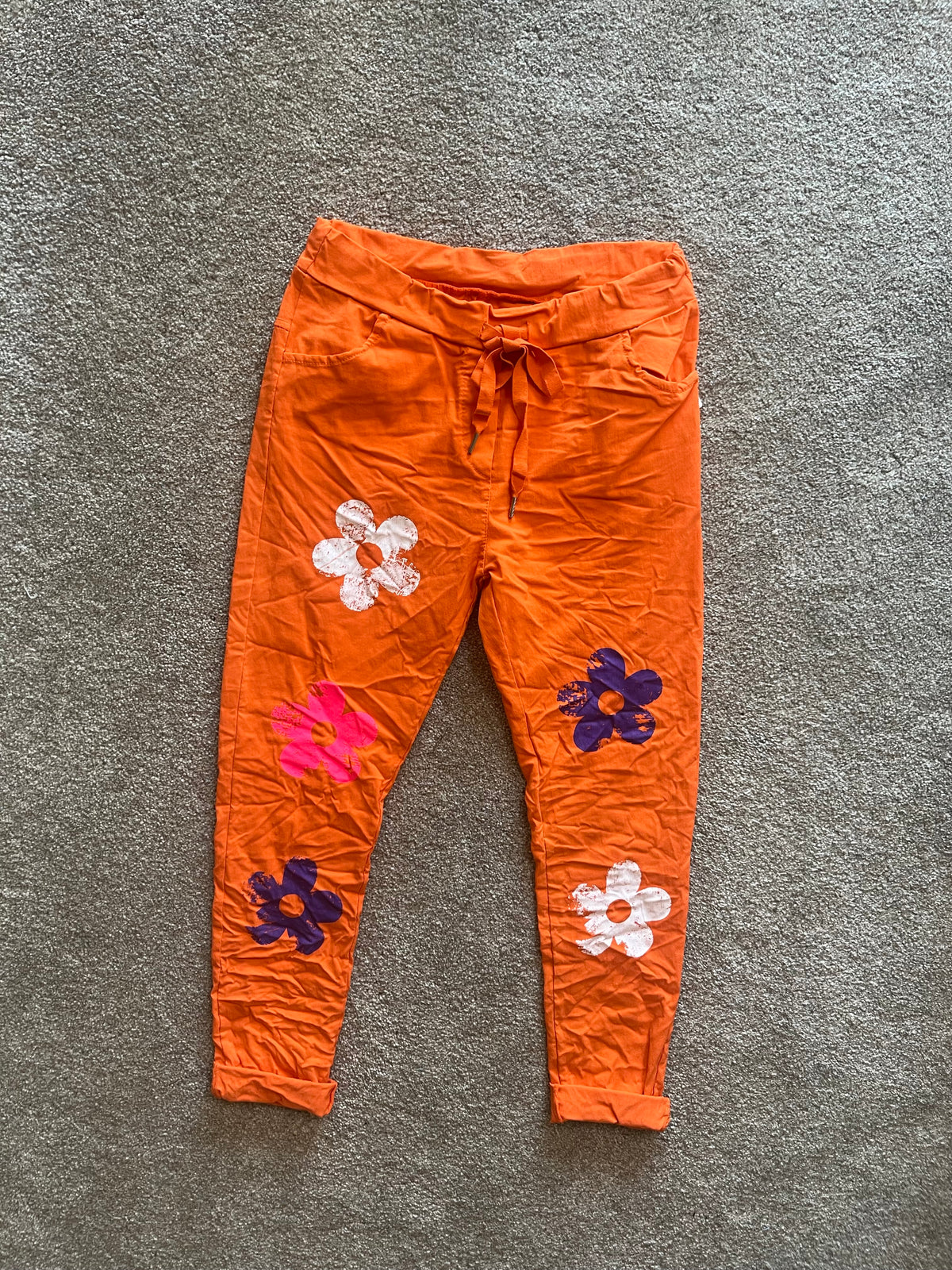 flower pattern pants orange, white, grey, stone, black, sage