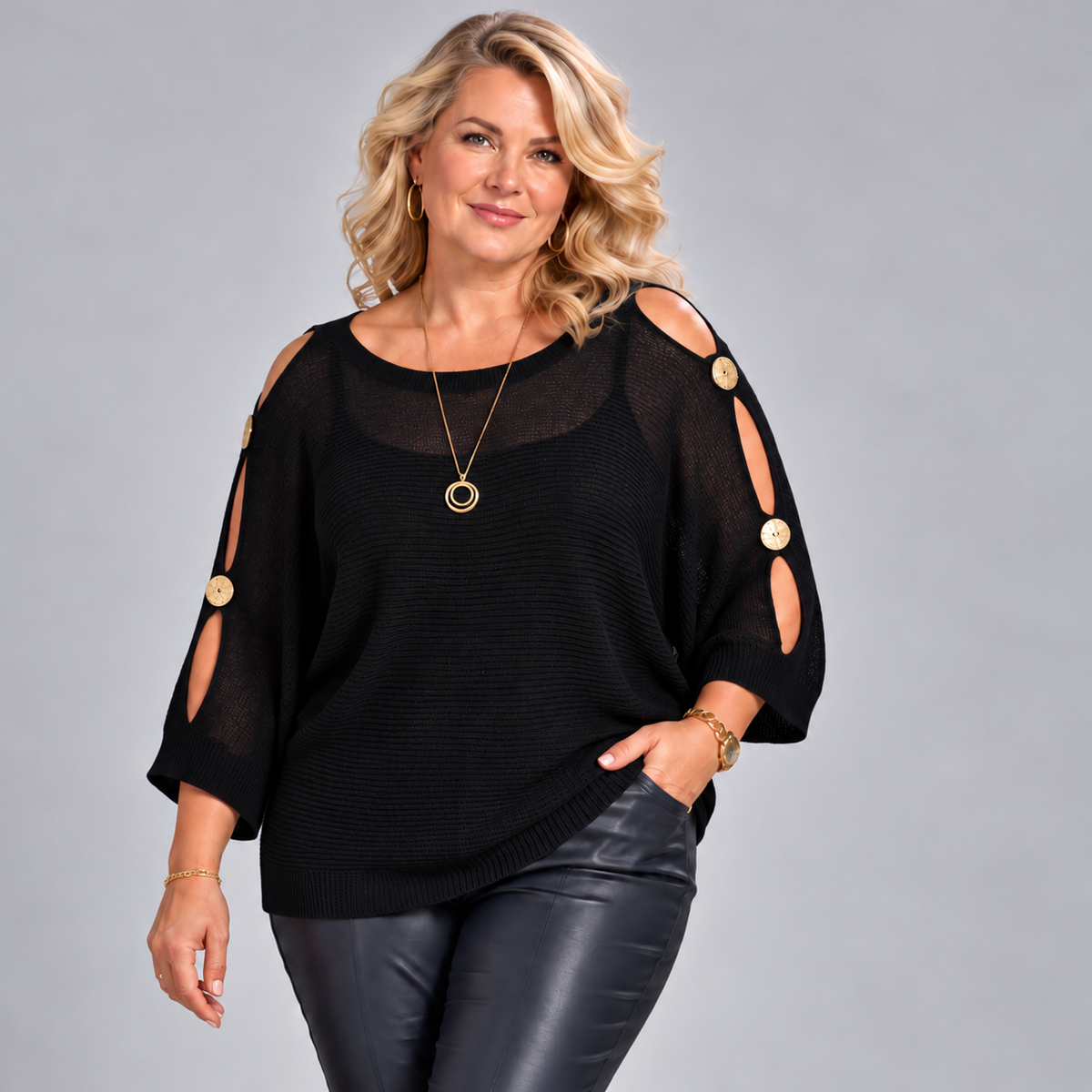 Light Knit Batwing Jumper with Open Shoulder Button Sleeves