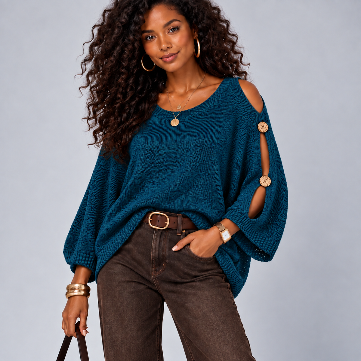 Light Knit Batwing Jumper with Open Shoulder Button Sleeves