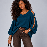 Light Knit Batwing Jumper with Open Shoulder Button Sleeves