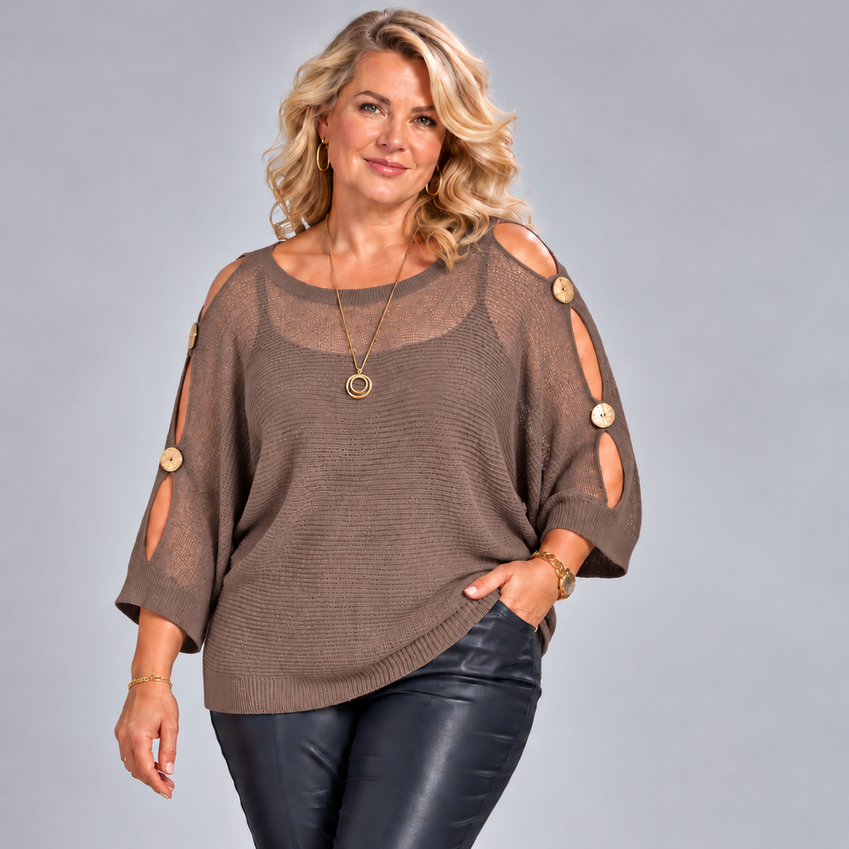 Light Knit Batwing Jumper with Open Shoulder Button Sleeves