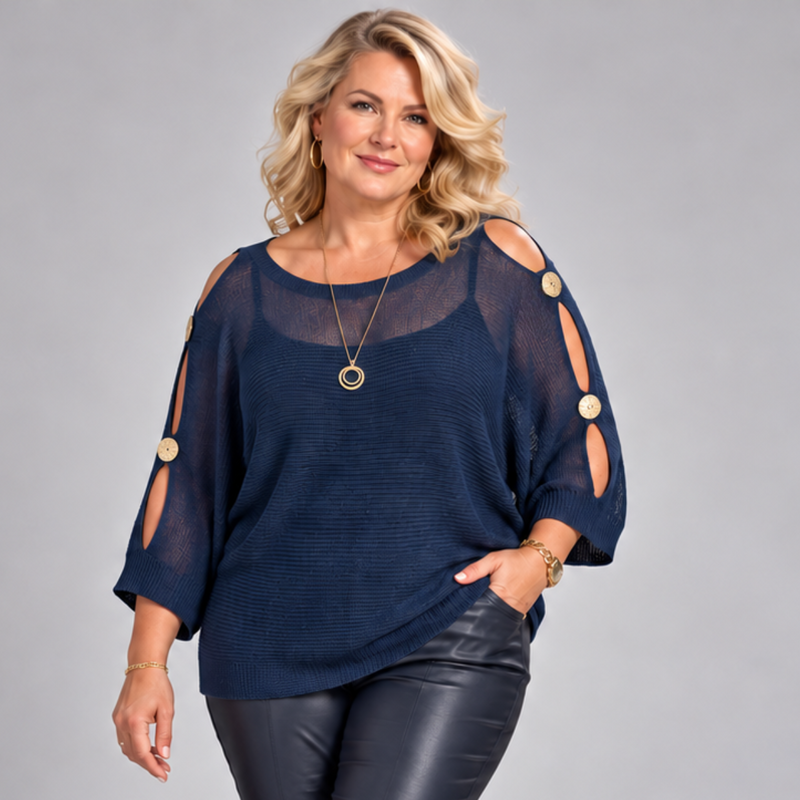 Light Knit Batwing Jumper with Open Shoulder Button Sleeves