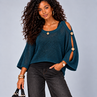 Light Knit Batwing Jumper with Open Shoulder Button Sleeves