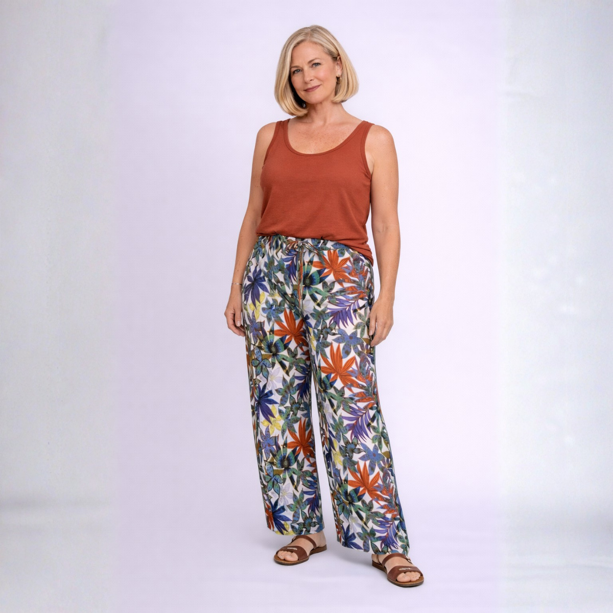 Bright Pattern Elastic Waist Stretchy Palazzo Trousers