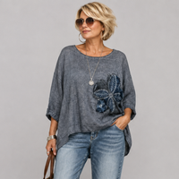 Linen / Cottom Mix Applique Flower Top / Blouse