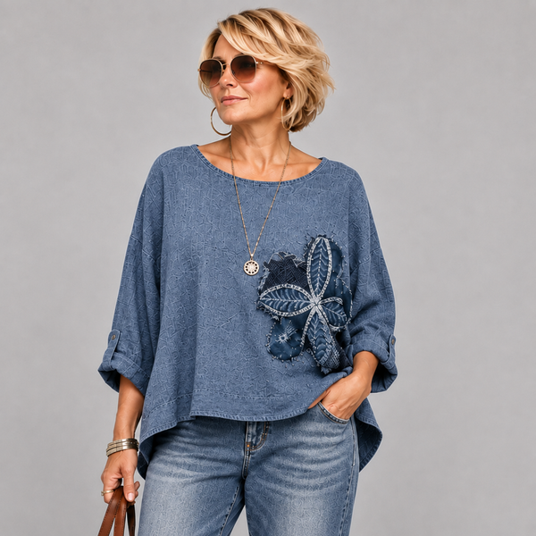 Linen / Cotton Mix Appliqué Flower Top / Blouse