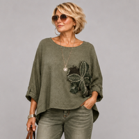 Linen / Cotton Mix Appliqué Flower Top / Blouse