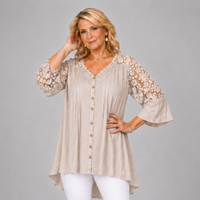 Loose Fitting Lace Panel Blouse with 3/4 Frilled Sleeves