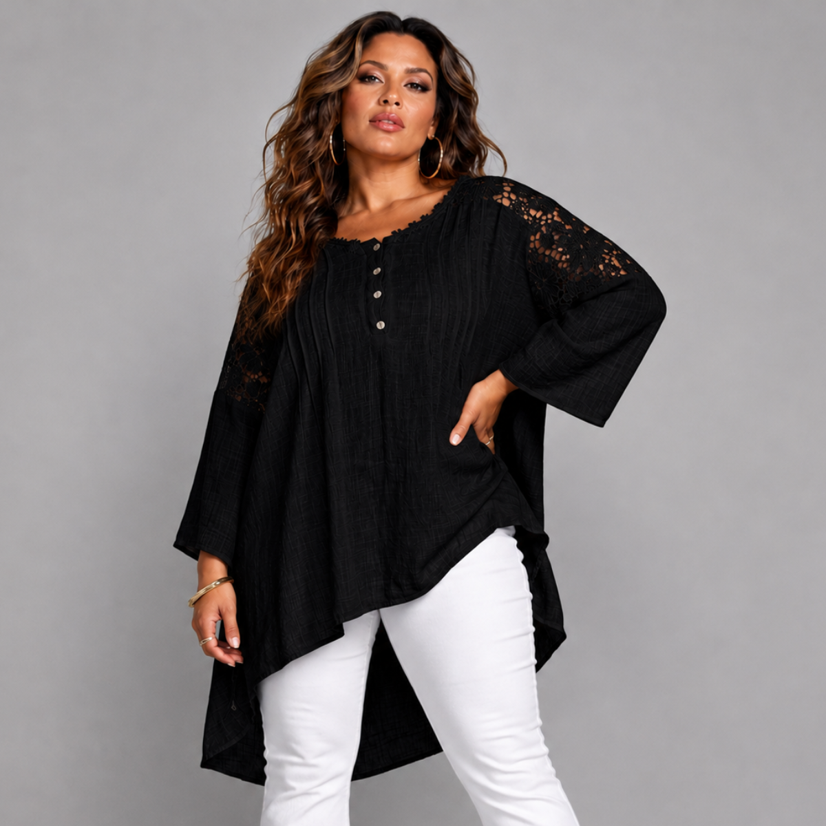 Oversized Long Length Lace Panel Blouse with 3/4 Frilled Sleeves