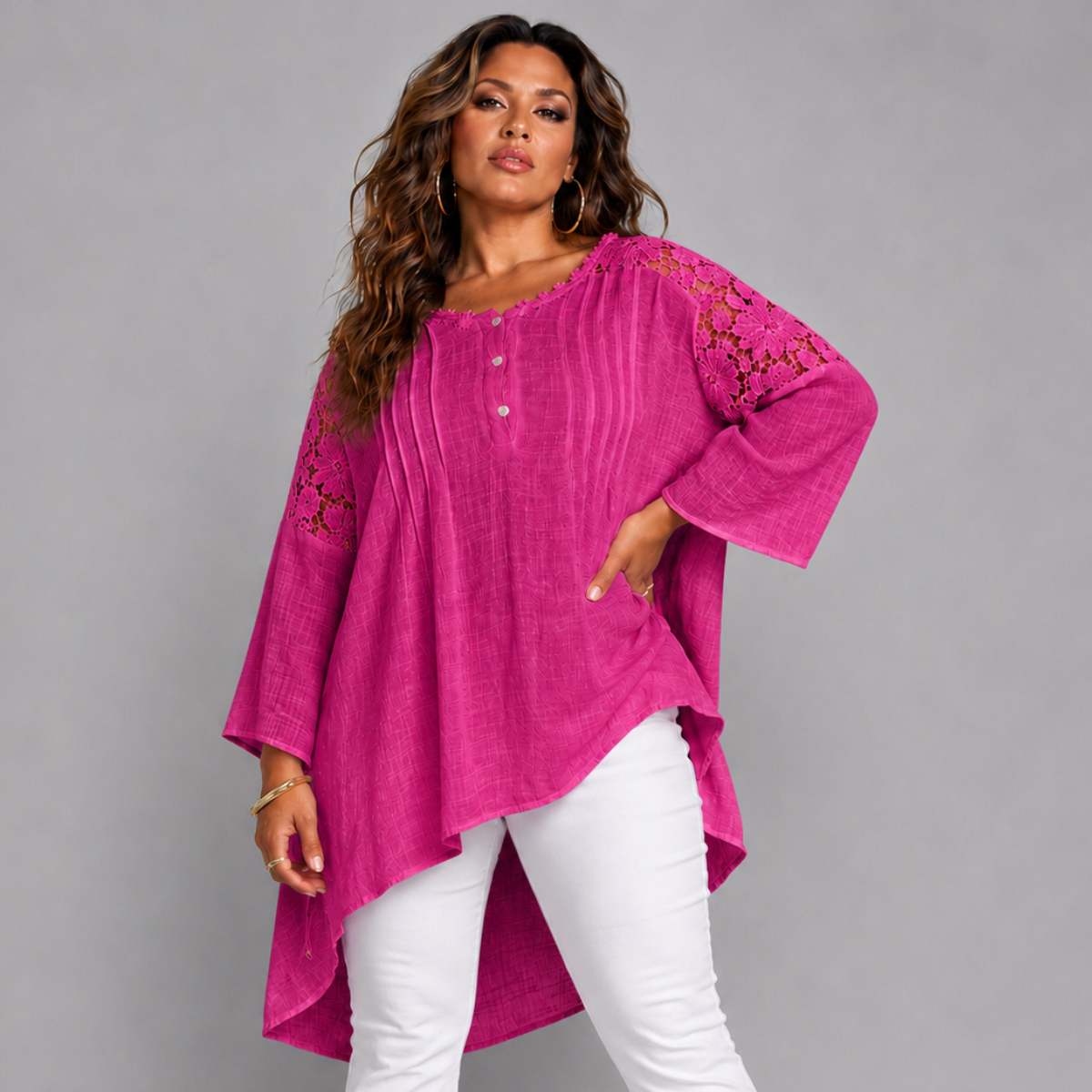 Oversized Long Length Lace Panel Blouse with 3/4 Frilled Sleeves