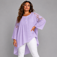 Oversized Long Length Lace Panel Blouse with 3/4 Frilled Sleeves