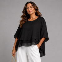 Chiffon Layered Blouse with Button Tab Sleeves