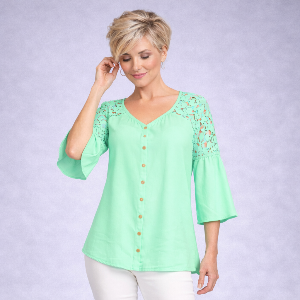 Loose Fitting Lace Panel Blouse with 3/4 Frilled Sleeves