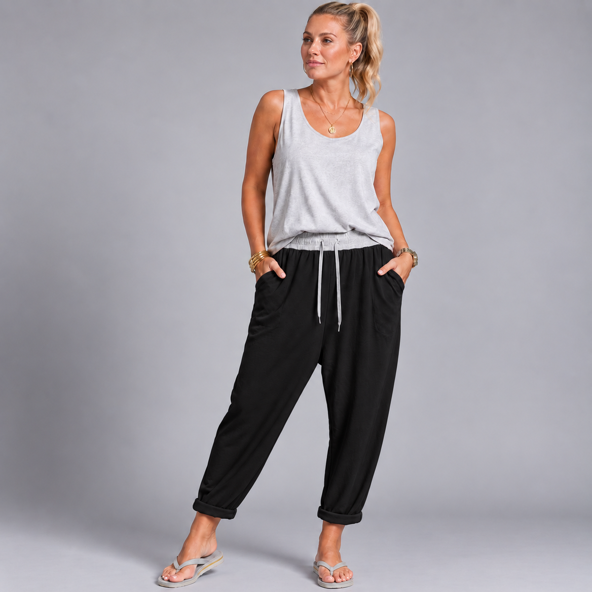 Plain Elastic Waist Joggers with Pockets