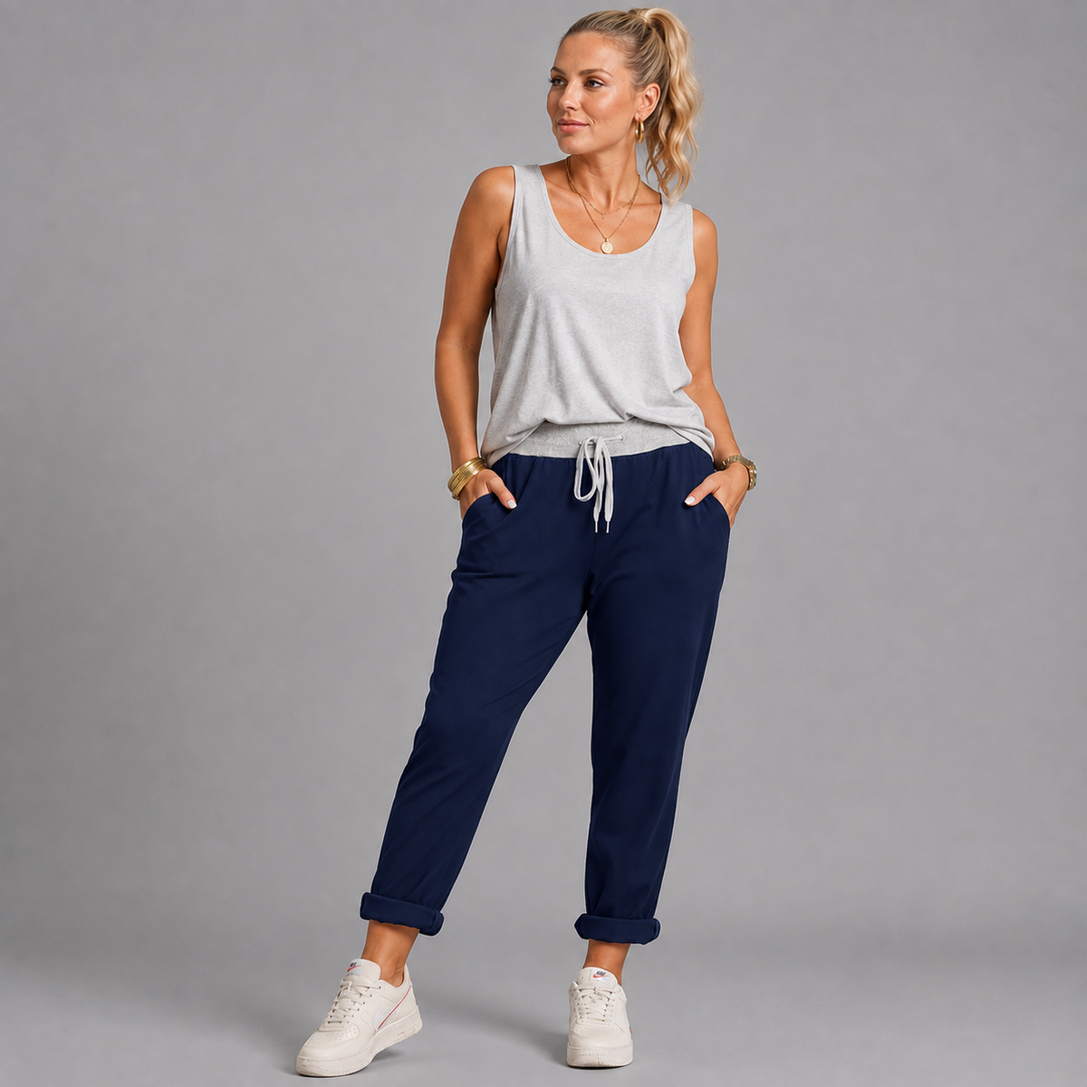 Plain Elastic Waist Joggers with Pockets