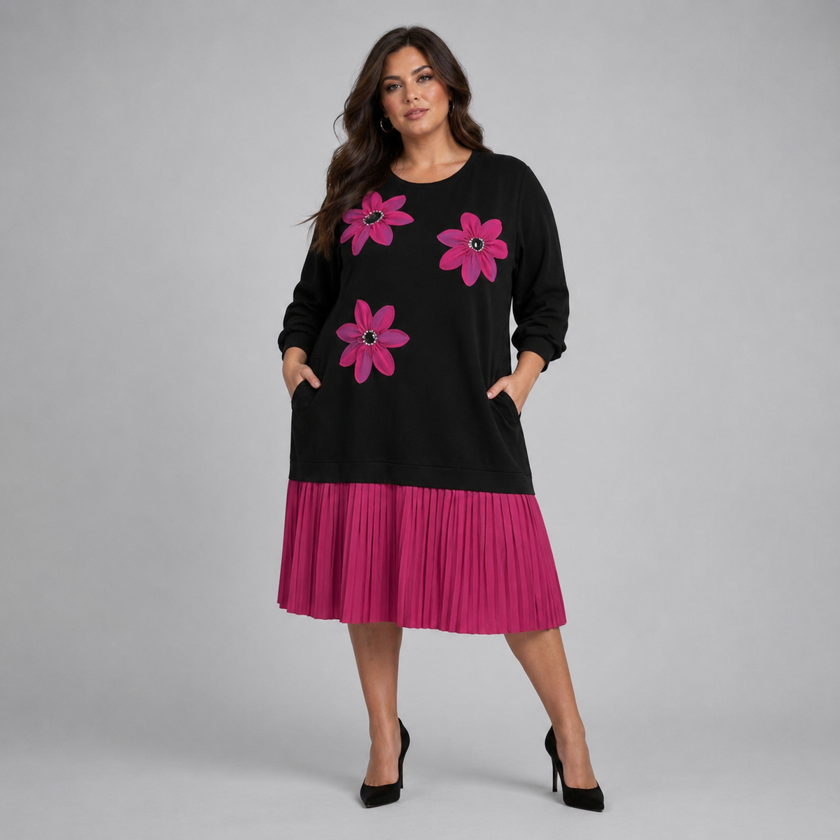 Black Dress with Applique and Pleated Skirt