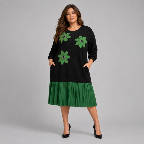 Black Dress with Applique and Pleated Skirt