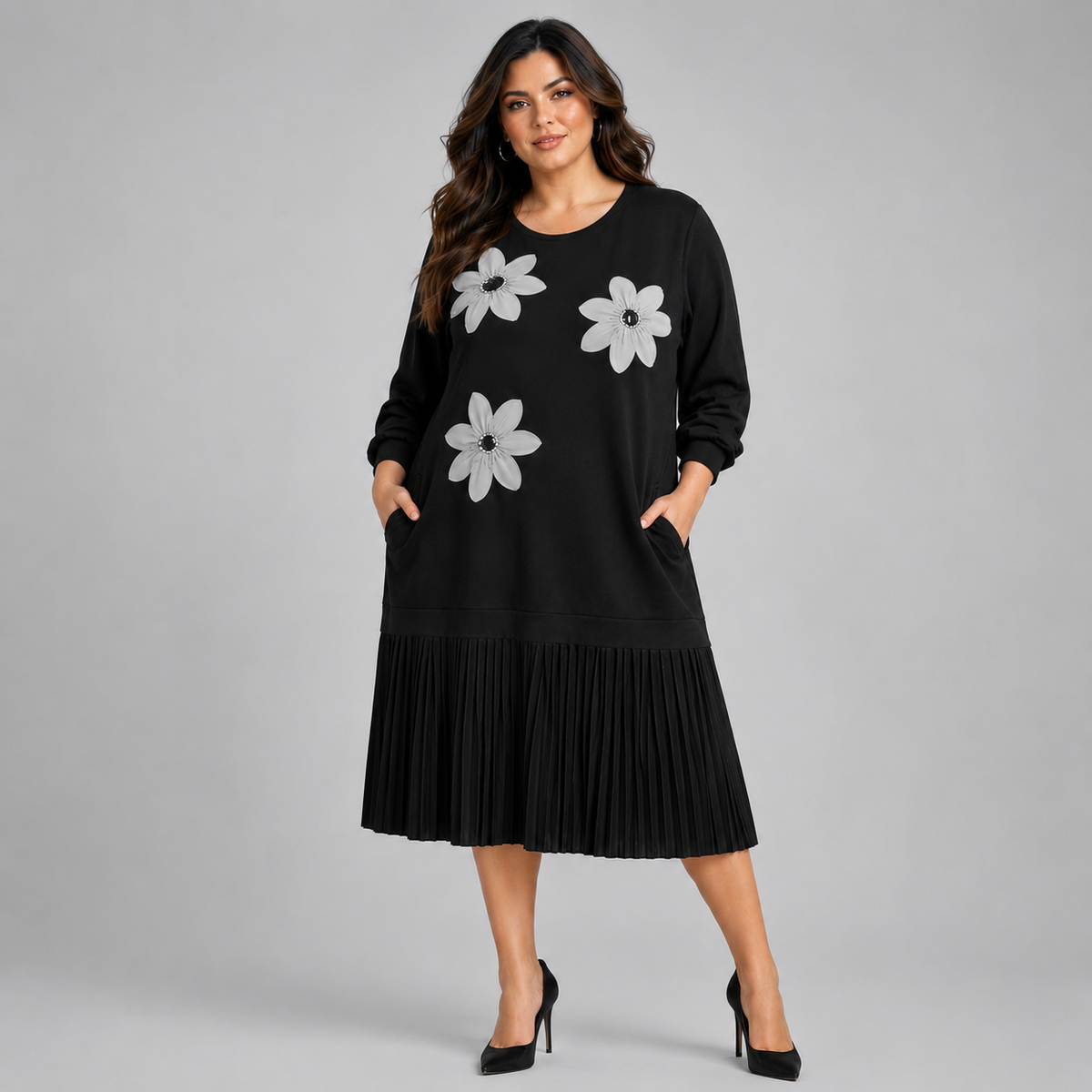 Black Dress with Applique and Pleated Skirt
