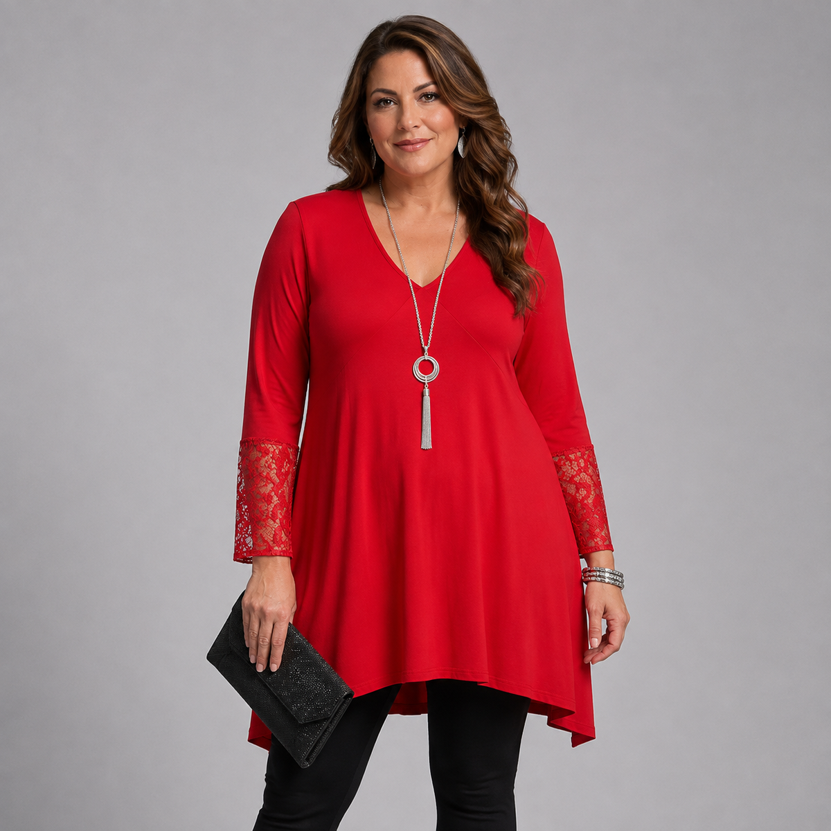 ROCKTHOSECURVES V-NECK HANKY HEM DRESS / LONG TOP WITH LACE BELL SLEEVES