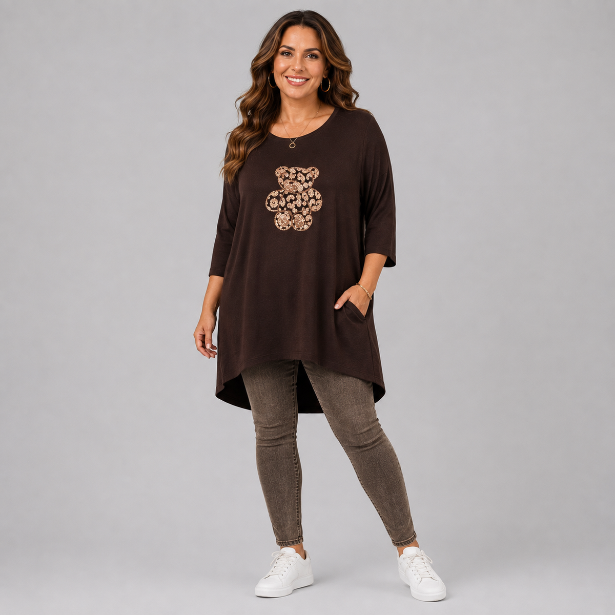 Soft Lightweight Dipped Hem Jumper with Sequin Teddy Bear